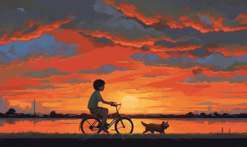 夕阳下海边骑自行车的男孩手绘插画图,插画/手绘图,插画/手绘图库,插画/手绘图下载,插画/手绘